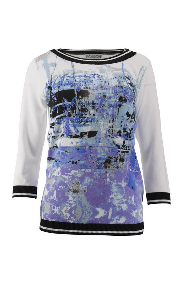 Passioni Strickpullover mit einem Stadtmotiv auf der Vorderseite in Blau mit Strassdetails von Passioni