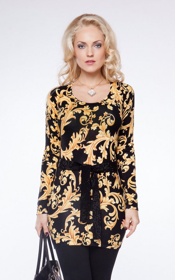 Passioni Stricktunika in Schwarz mit goldenem Ziermotivdruck und elegantem Strassgürtel von Passioni