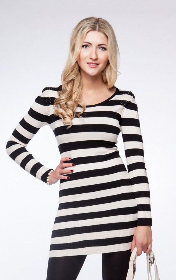 Passioni Stricktunika mit schwarzen und weißen Streifen und klaren Perlendetails von Passioni