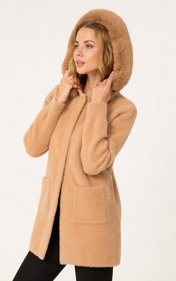 Passioni Winterjacke Strickmantel mit Webpelz Kapuze von Passioni