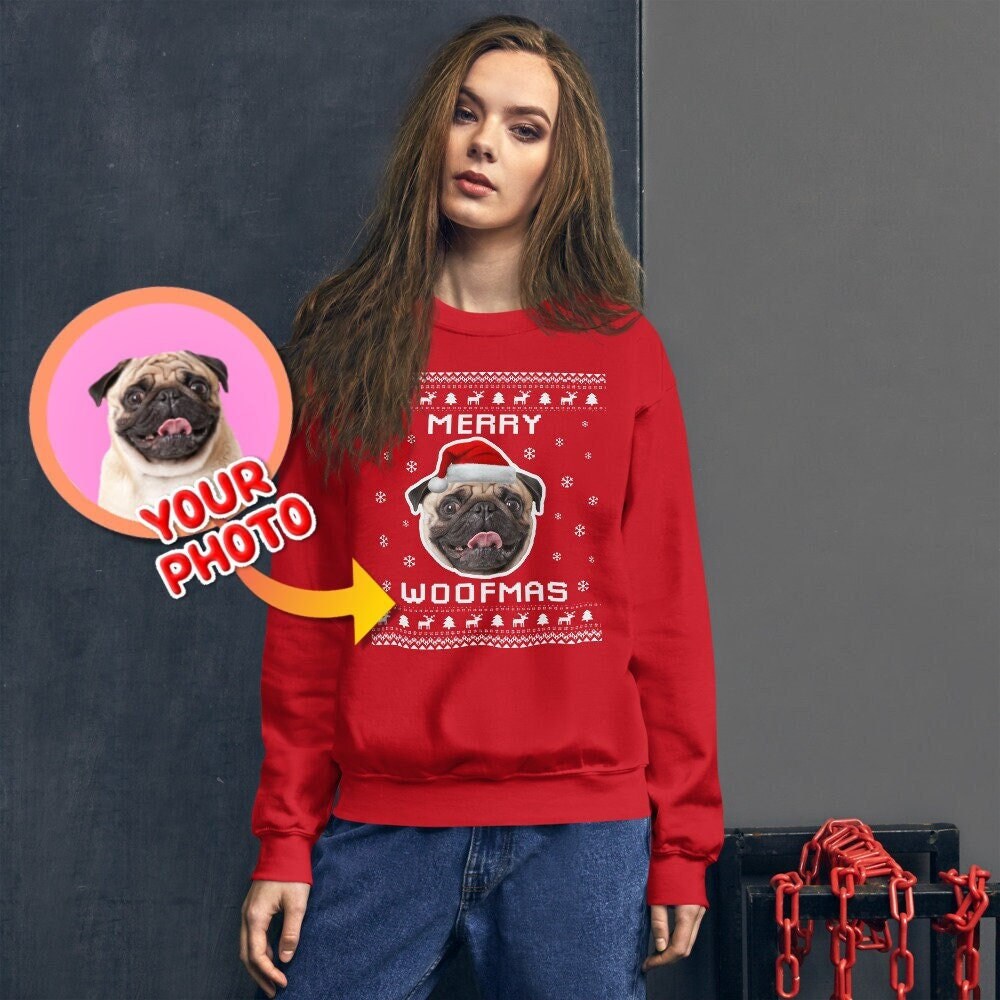 Frohe Woofmas Personalisierte Hässliche Weihnachtspullover Mit Hundefoto, Individuelles Weihnachtsgeschenk Für Hundebesitzer, Bild von PassionifyCO