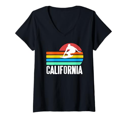 Damen Surf Californien Coucher de Soleil Vagues Retro T-Shirt mit V-Ausschnitt von Passionnés de Surf et de Californie