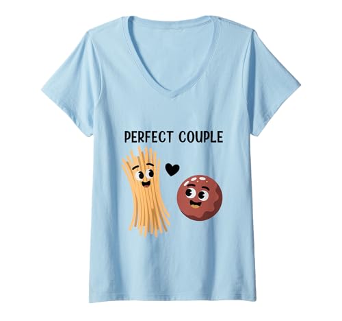 Damen Spaghetti Und Fleischbällchen Freude T-Shirt mit V-Ausschnitt von Pasta Liebhaber Cartoon Freude Spaß Designs