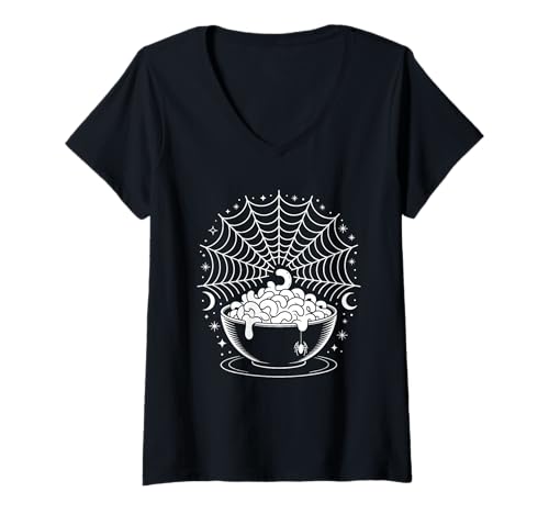 Damen Halloween Spinnennetz Makkaroni Und Käse T-Shirt mit V-Ausschnitt Damen Halloween Spinnennetz Makkaroni Und Käse T-Shirt mit V-Ausschnitt von Pasta Mac And Cheese Food Lover Gifts