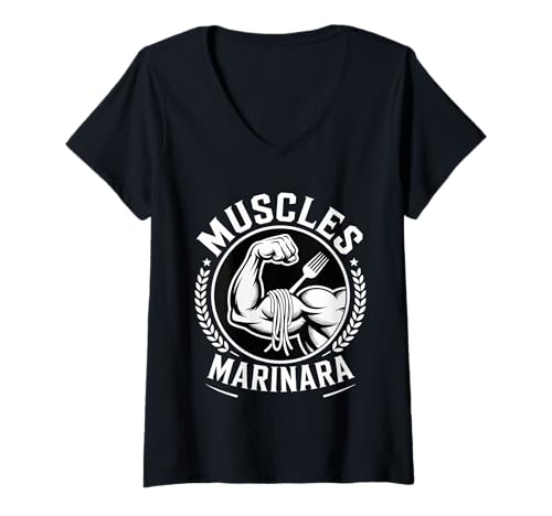 Damen Muscles Marinara Bodybuilder -Fitnessstudio -Wortspiele - T-Shirt mit V-Ausschnitt von Pasta erhält Fitnessstudio -Übungen