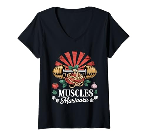 Damen Muscles Marinara Bodybuilder -Fitnessstudio -Wortspiele T-Shirt mit V-Ausschnitt von Pasta erhält Fitnessstudio -Übungen