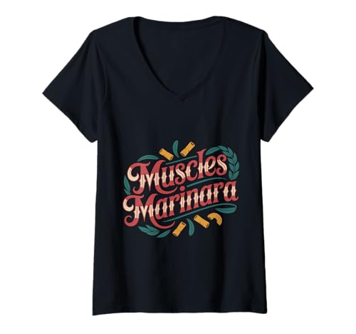 Damen Muscles Marinara Bodybuilder Gym Exercise Puns - T-Shirt mit V-Ausschnitt von Pasta erhält Fitnessstudio -Übungen
