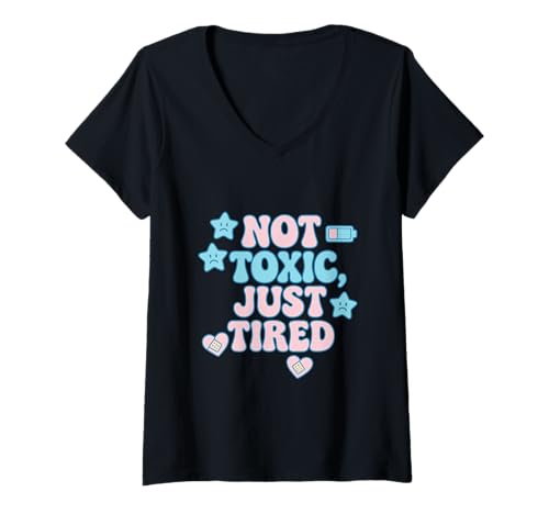 Damen T-Shirt mit Aufschrift Not Toxic Just Tired Pastel Sad Star T-Shirt mit V-Ausschnitt von Pastel Burnout Club