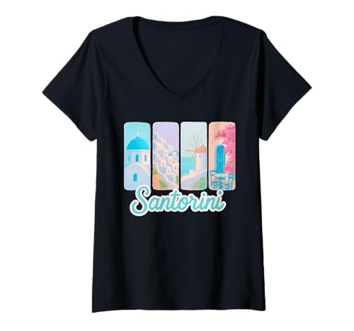 Damen Santorini Pastell Pinselstrich-Kunst mit griechischen Insel-Wahrzeichen T-Shirt mit V-Ausschnitt Damen Santorini Pastell Pinselstrich-Kunst mit griechischen Insel-Wahrzeichen T-Shirt mit V-Ausschnitt von Pastel City Brushstroke Collection