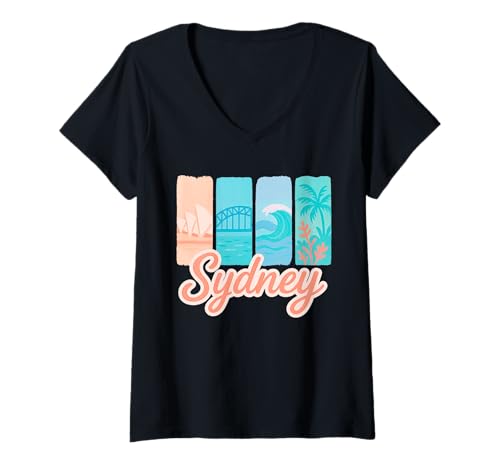 Damen Sydney Pastell Pinselstrichkunst mit australischen Sehenswürdigkeiten T-Shirt mit V-Ausschnitt von Pastel City Brushstroke Collection