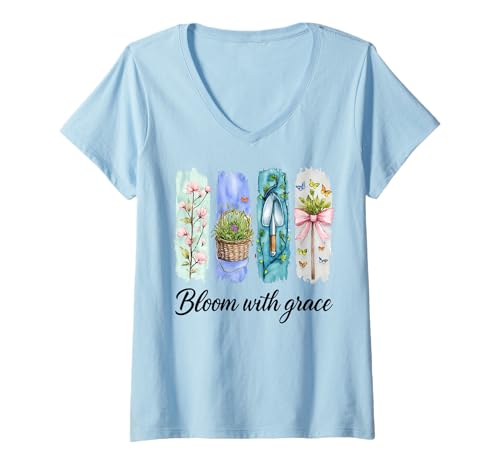 Damen Bloom with Grace Pastell Garden Flowers Art T-Shirt mit V-Ausschnitt von Pastel Garden Bloom Nature Lover Saying