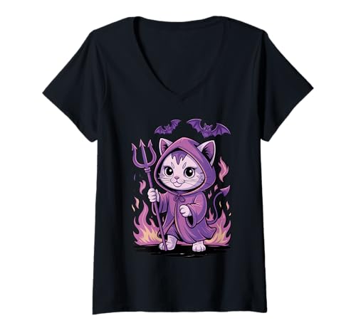 Damen Kawaii Pastel Goth Cute Creepy Grim Reaper Cat T-Shirt mit V-Ausschnitt von Pastel Goth Anime Vaporwave Aesthetic