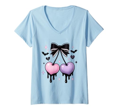 Damen Pastell Goth Tropfende Herz Kirschen mit Spitze Schleife T-Shirt mit V-Ausschnitt von Pastel Goth Cherry Aesthetic