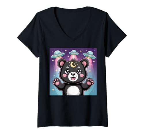 Damen Bär Alien UFOs Ästhetische Kawaii Goth Mädchen Kleidung Rosa Goth T-Shirt mit V-Ausschnitt von Pastel Goth Clothing Goth Accessories For Women