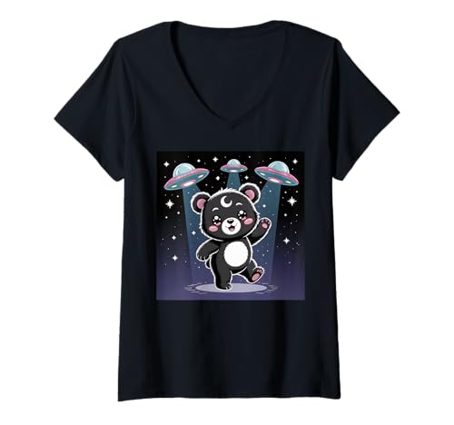 Damen Bär Alien UFOs Ästhetische Kawaii Goth Mädchen Kleidung Rosa Goth T-Shirt mit V-Ausschnitt von Pastel Goth Clothing Goth Accessories For Women