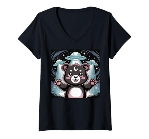 Damen Bär Alien UFOs Ästhetische Kawaii Goth Mädchen Kleidung Rosa Goth T-Shirt mit V-Ausschnitt von Pastel Goth Clothing Goth Accessories For Women
