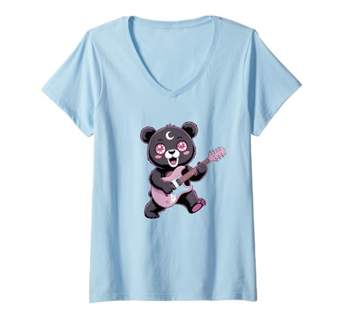 Damen Bear Guitar Rock and Roll Kawaii Goth Mädchenkleidung Rosa Goth T-Shirt mit V-Ausschnitt von Pastel Goth Clothing Goth Accessories For Women