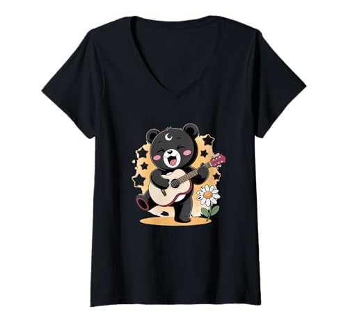 Damen Bear Guitar Rock and Roll Kawaii Goth Mädchenkleidung Rosa Goth T-Shirt mit V-Ausschnitt von Pastel Goth Clothing Goth Accessories For Women