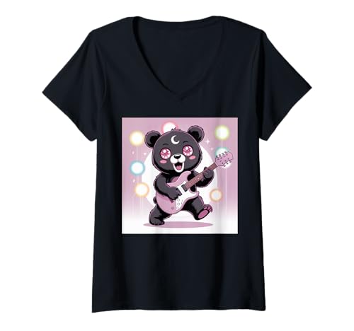 Damen Bear Guitar Rock and Roll Kawaii Goth Mädchenkleidung Rosa Goth T-Shirt mit V-Ausschnitt von Pastel Goth Clothing Goth Accessories For Women