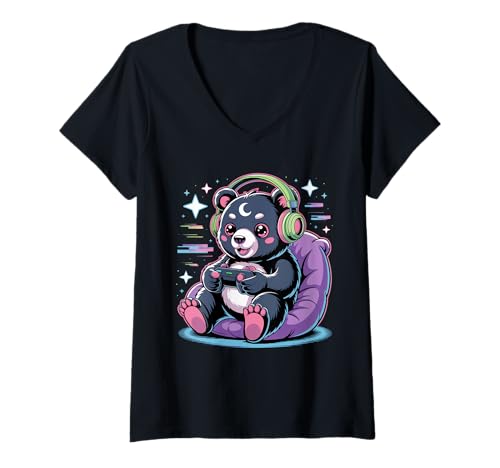 Damen Gamer Bear Videospiel Kawaii Goth Girl Kleidung Pink Goth T-Shirt mit V-Ausschnitt von Pastel Goth Clothing Goth Accessories For Women