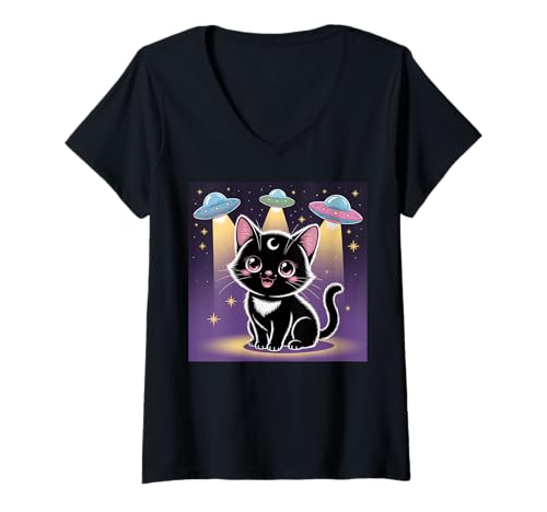 Damen Schwarze Katze Alien UFOs Cute Kawaii Goth Girl Kleidung Pink Goth T-Shirt mit V-Ausschnitt von Pastel Goth Clothing Goth Accessories For Women