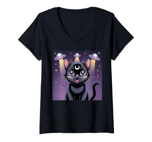 Damen Schwarze Katze Alien UFOs Cute Kawaii Goth Girl Kleidung Pink Goth T-Shirt mit V-Ausschnitt von Pastel Goth Clothing Goth Accessories For Women