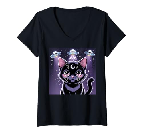 Damen Schwarze Katze Alien UFOs Cute Kawaii Goth Girl Kleidung Pink Goth T-Shirt mit V-Ausschnitt von Pastel Goth Clothing Goth Accessories For Women