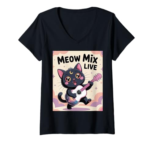 Damen Schwarze Katze Gitarre Rock Kawaii Goth Mädchen Kleidung Pink Goth T-Shirt mit V-Ausschnitt von Pastel Goth Clothing Goth Accessories For Women