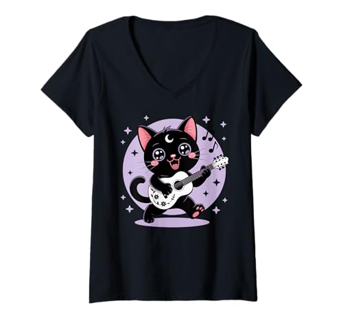 Damen Schwarze Katze Gitarre Rock Kawaii Goth Mädchen Kleidung Pink Goth T-Shirt mit V-Ausschnitt von Pastel Goth Clothing Goth Accessories For Women