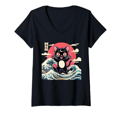 Damen Schwarze Katze Japanische Kunst Kawaii Goth Mädchen Kleidung Pink Goth T-Shirt mit V-Ausschnitt von Pastel Goth Clothing Goth Accessories For Women