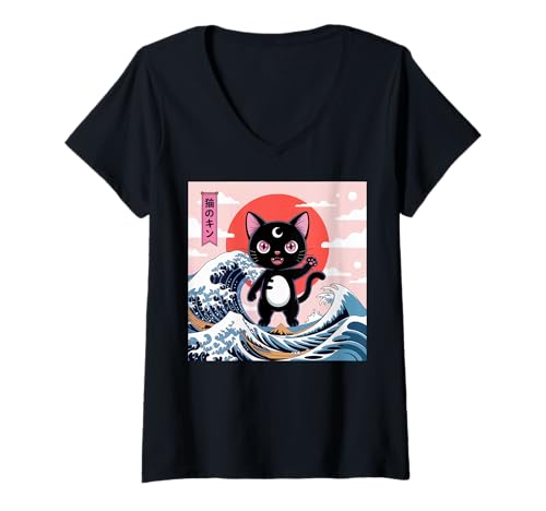 Damen Schwarze Katze Japanische Kunst Kawaii Goth Mädchen Kleidung Pink Goth T-Shirt mit V-Ausschnitt von Pastel Goth Clothing Goth Accessories For Women