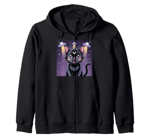Schwarze Katze Alien UFOs Cute Kawaii Goth Girl Kleidung Pink Goth Kapuzenjacke von Pastel Goth Clothing Goth Accessories For Women