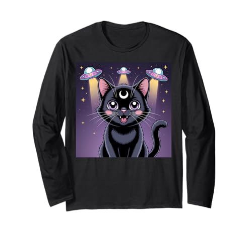 Schwarze Katze Alien UFOs Cute Kawaii Goth Girl Kleidung Pink Goth Langarmshirt von Pastel Goth Clothing Goth Accessories For Women