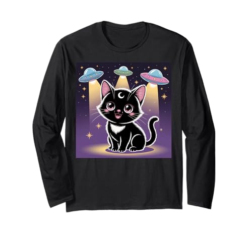 Schwarze Katze Alien UFOs Cute Kawaii Goth Girl Kleidung Pink Goth Langarmshirt von Pastel Goth Clothing Goth Accessories For Women
