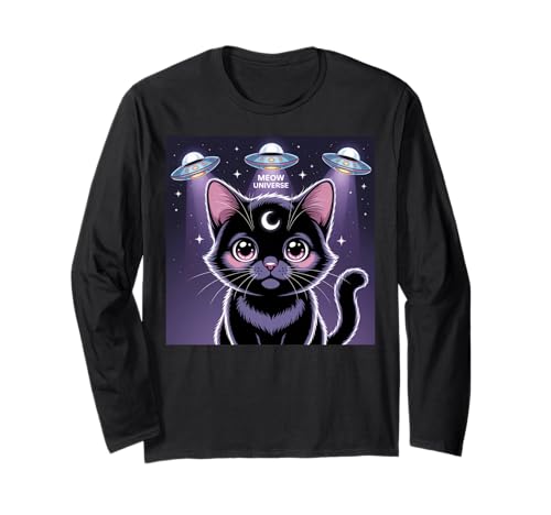 Schwarze Katze Alien UFOs Cute Kawaii Goth Girl Kleidung Pink Goth Langarmshirt von Pastel Goth Clothing Goth Accessories For Women