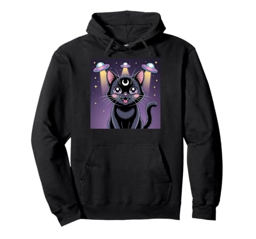 Schwarze Katze Alien UFOs Cute Kawaii Goth Girl Kleidung Pink Goth Pullover Hoodie von Pastel Goth Clothing Goth Accessories For Women