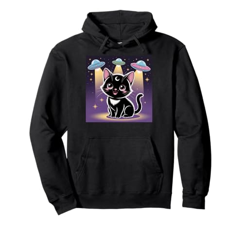 Schwarze Katze Alien UFOs Cute Kawaii Goth Girl Kleidung Pink Goth Pullover Hoodie von Pastel Goth Clothing Goth Accessories For Women