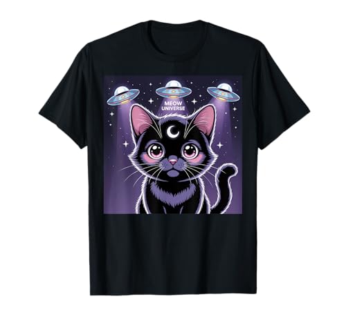 Schwarze Katze Alien UFOs Cute Kawaii Goth Girl Kleidung Pink Goth T-Shirt von Pastel Goth Clothing Goth Accessories For Women