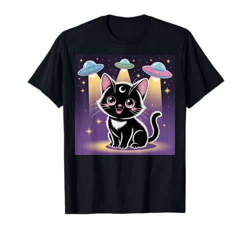 Schwarze Katze Alien UFOs Cute Kawaii Goth Girl Kleidung Pink Goth T-Shirt von Pastel Goth Clothing Goth Accessories For Women