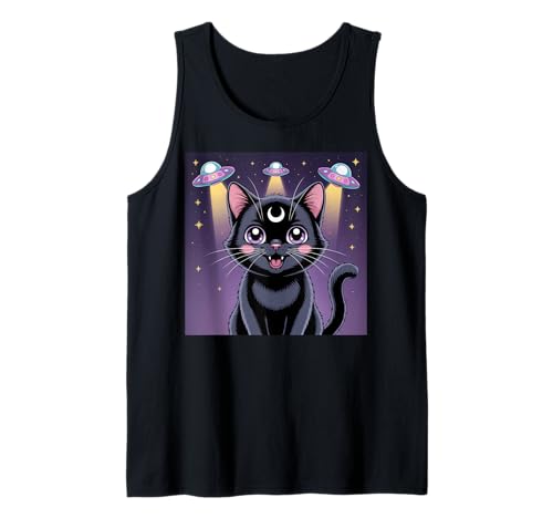 Schwarze Katze Alien UFOs Cute Kawaii Goth Girl Kleidung Pink Goth Tank Top von Pastel Goth Clothing Goth Accessories For Women