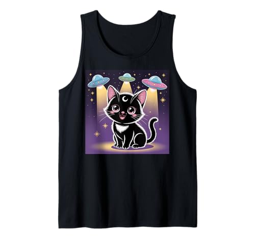 Schwarze Katze Alien UFOs Cute Kawaii Goth Girl Kleidung Pink Goth Tank Top von Pastel Goth Clothing Goth Accessories For Women