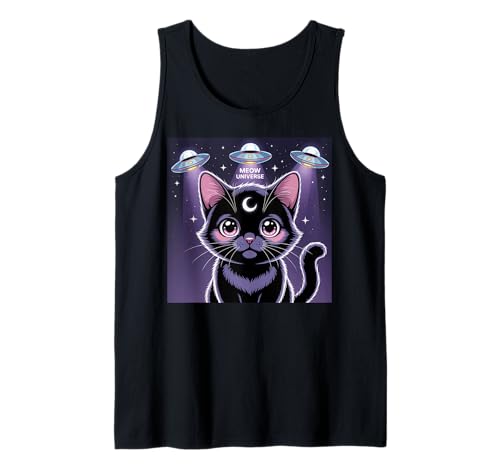 Schwarze Katze Alien UFOs Cute Kawaii Goth Girl Kleidung Pink Goth Tank Top von Pastel Goth Clothing Goth Accessories For Women