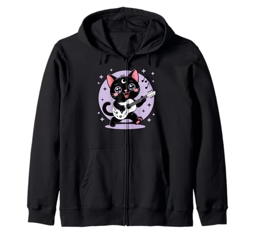 Schwarze Katze Gitarre Rock Kawaii Goth Mädchen Kleidung Pink Goth Kapuzenjacke von Pastel Goth Clothing Goth Accessories For Women