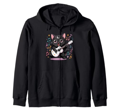 Schwarze Katze Gitarre Rock Kawaii Goth Mädchen Kleidung Pink Goth Kapuzenjacke von Pastel Goth Clothing Goth Accessories For Women
