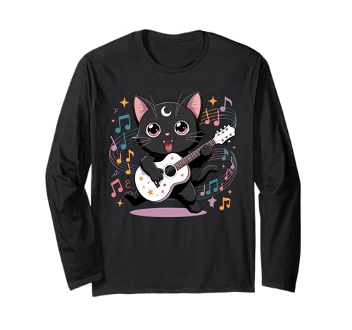 Schwarze Katze Gitarre Rock Kawaii Goth Mädchen Kleidung Pink Goth Langarmshirt von Pastel Goth Clothing Goth Accessories For Women