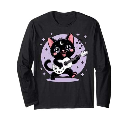 Schwarze Katze Gitarre Rock Kawaii Goth Mädchen Kleidung Pink Goth Langarmshirt von Pastel Goth Clothing Goth Accessories For Women