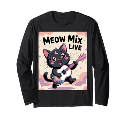 Schwarze Katze Gitarre Rock Kawaii Goth Mädchen Kleidung Pink Goth Langarmshirt von Pastel Goth Clothing Goth Accessories For Women