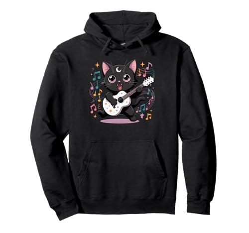 Schwarze Katze Gitarre Rock Kawaii Goth Mädchen Kleidung Pink Goth Pullover Hoodie von Pastel Goth Clothing Goth Accessories For Women