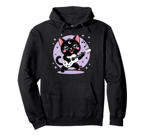 Schwarze Katze Gitarre Rock Kawaii Goth Mädchen Kleidung Pink Goth Pullover Hoodie von Pastel Goth Clothing Goth Accessories For Women