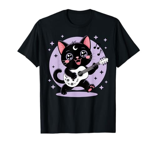 Schwarze Katze Gitarre Rock Kawaii Goth Mädchen Kleidung Pink Goth T-Shirt von Pastel Goth Clothing Goth Accessories For Women